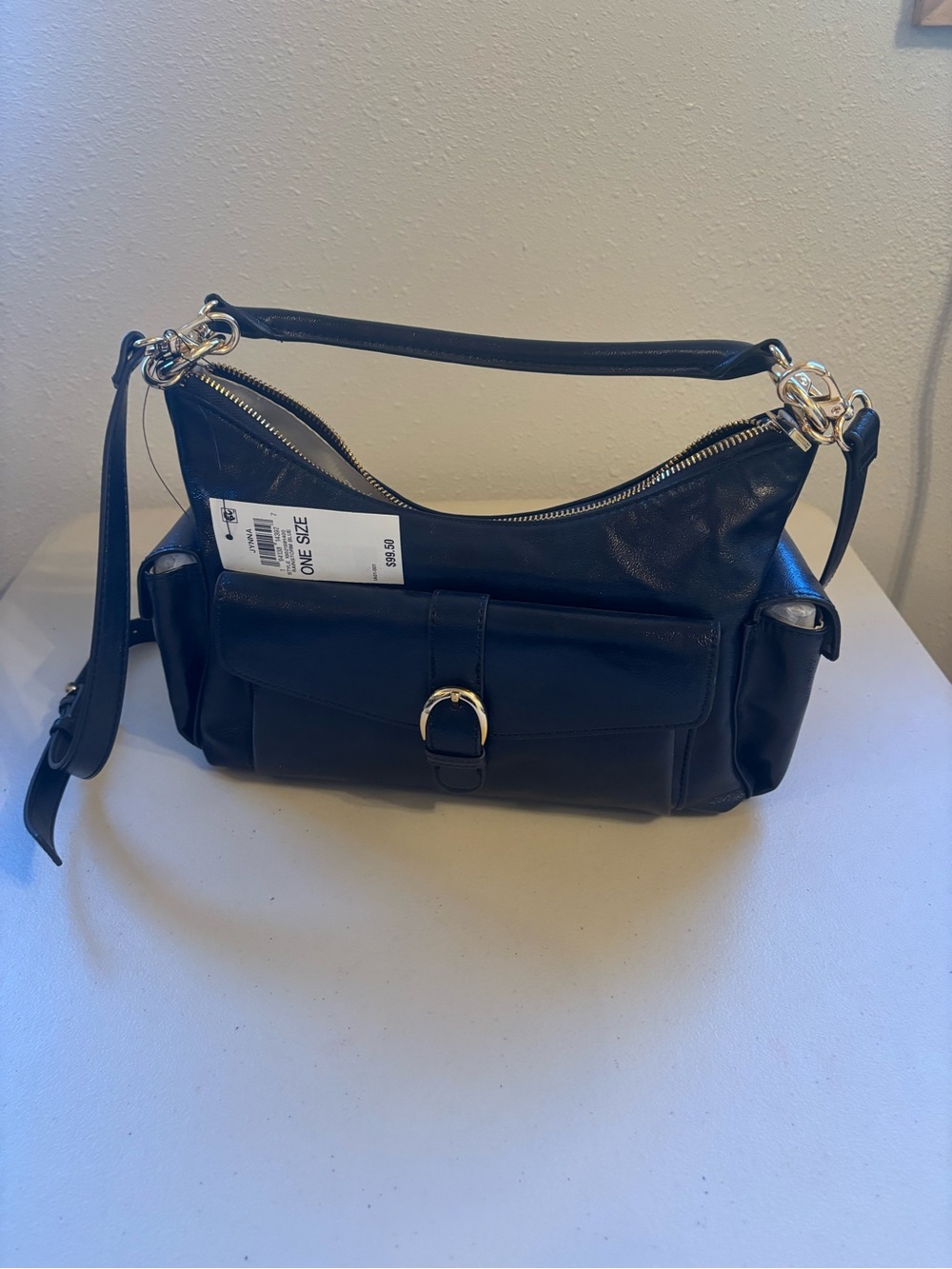 ON 34th Sleek Navy Blue Shoulder Bag with Front Buckle Pocket